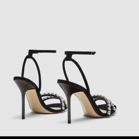 Zara Black Crystal rhinestone Ankle Strap Heels Sandals - Picture 2 of 10